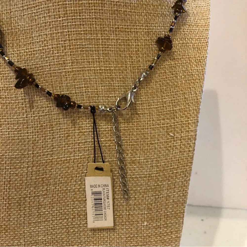 NWT Calypso Studios Necklace Handmade art glass black & teal w/ tigers eye chips - Picture 7 of 8